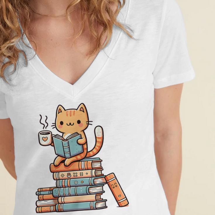 Kawaii Cat Coffee Books Teacher Men Women Girls Kids Women's Jersey Short Sleeve Deep V-Neck Tshirt Kawaii Cat Coffee Books Teacher Men Women Girls Kids Women's Jersey Short Sleeve Deep V-Neck Tshirt