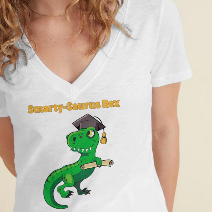 Kids Cute Graduation Dinosaur Smarty Saurus Kinder VPK Pre-k Grad Women's Jersey Short Sleeve Deep V-Neck Tshirt