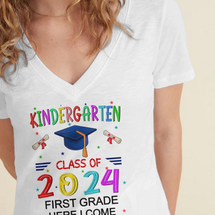 Kindergarten Graduation Class 2024 1st Grade Here I Come Women's Jersey Short Sleeve Deep V-Neck Tshirt