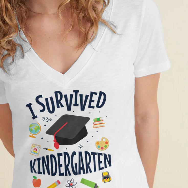 Kindergarten Graduation Shirt I Survived Kindergarten Women's Jersey Short Sleeve Deep V-Neck Tshirt