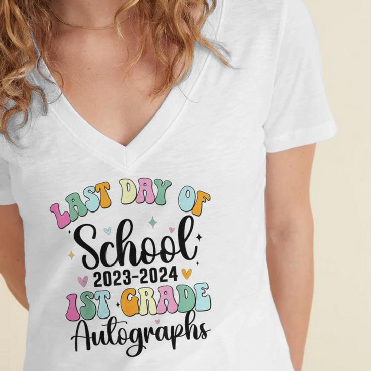 Last Day Autographs 1st Grade Graduation Boys Girls Groovy Women's Jersey Short Sleeve Deep V-Neck Tshirt