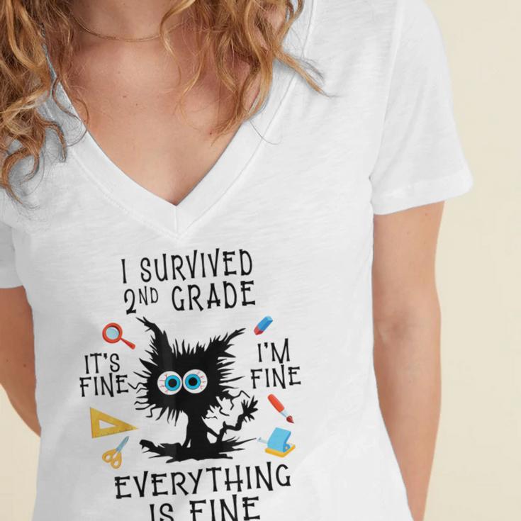 Last Day Of School Student Graduation I Survived 2nd Grade Women's Jersey Short Sleeve Deep V-Neck Tshirt