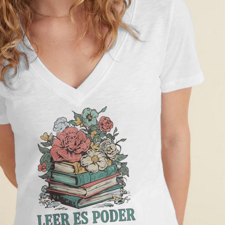 Leer ES Poder Cute Floral Spanish Teacher Book Reading Women's Jersey Short Sleeve Deep V-Neck Tshirt