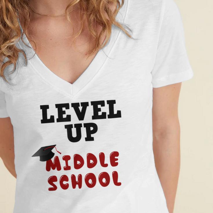 Level Up Middle School 5th Grade Graduation Women's Jersey Short Sleeve Deep V-Neck Tshirt