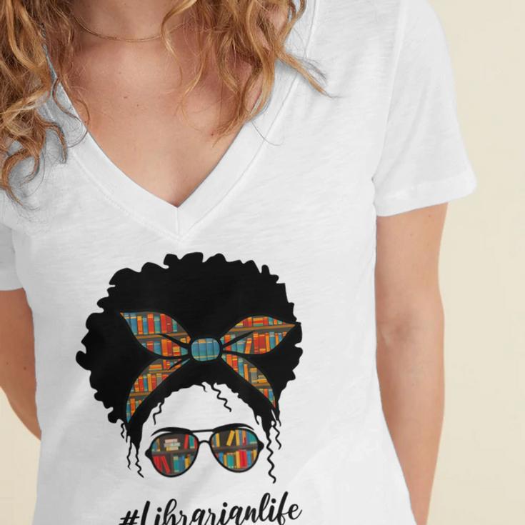 Librarian Teacher Messy Bun Life Book Library Back To School Women's Jersey Short Sleeve Deep V-Neck Tshirt