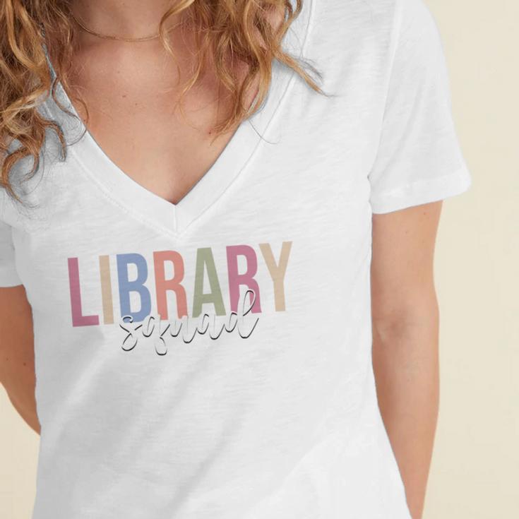 Library Squad Librarian Book Lover Bookworm Women's Jersey Short Sleeve Deep V-Neck Tshirt