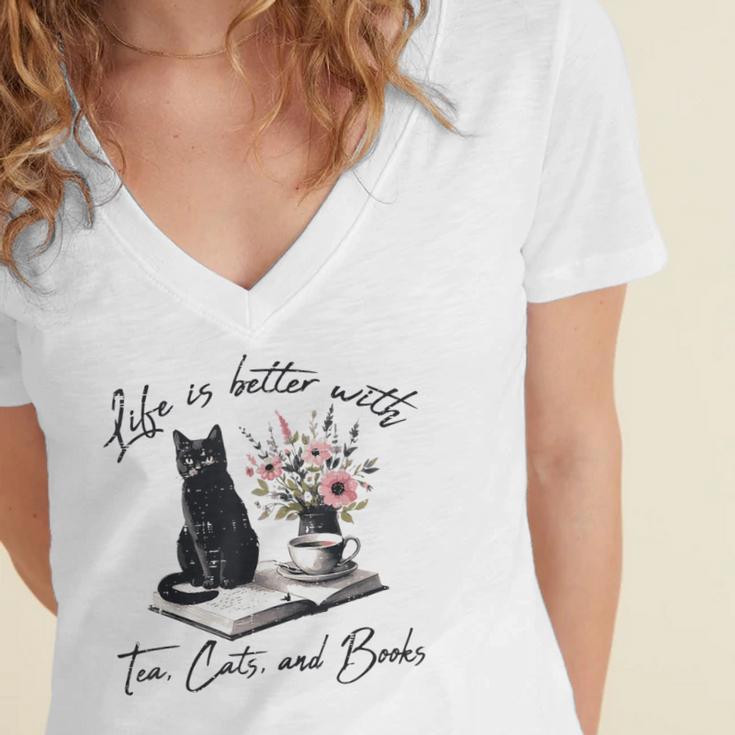 Life Better With 2 Cats Books Kitten Kitty Women Girls Kids Women's Jersey Short Sleeve Deep V-Neck Tshirt