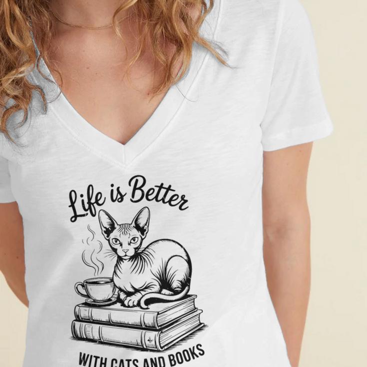 Life Is Better With Cats & Books Sphynx Cat Mom Women Women's Jersey Short Sleeve Deep V-Neck Tshirt Life Is Better With Cats & Books Sphynx Cat Mom Women Women's Jersey Short Sleeve Deep V-Neck Tshirt