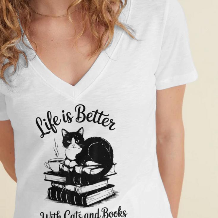 Life Is Better With Cats & Books Tuxedo Cat Mom Women Women's Jersey Short Sleeve Deep V-Neck Tshirt Life Is Better With Cats & Books Tuxedo Cat Mom Women Women's Jersey Short Sleeve Deep V-Neck Tshirt