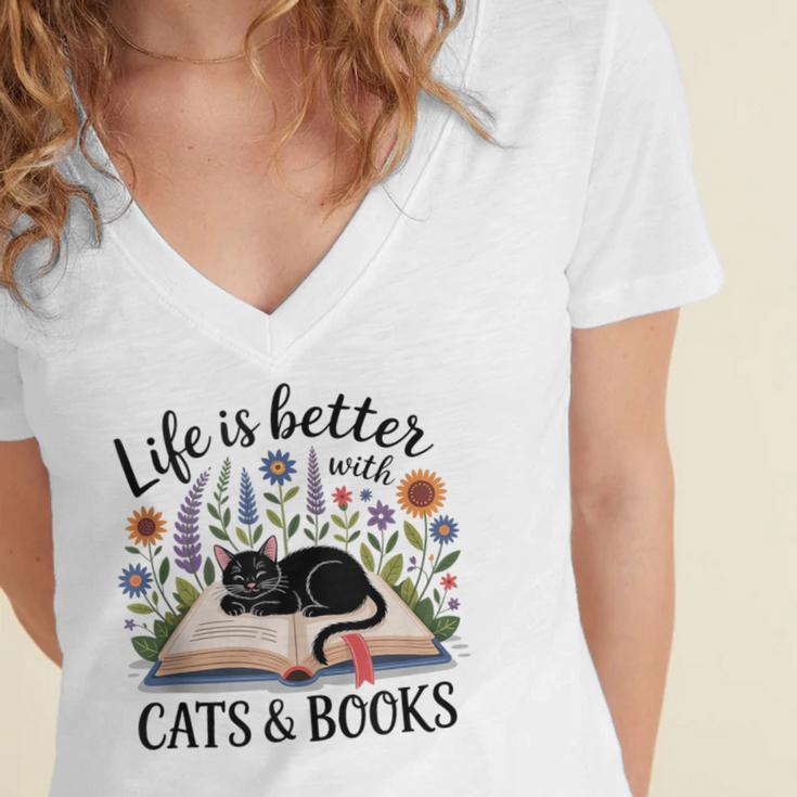 Life Is Better With Cats And Books Women's Jersey Short Sleeve Deep V-Neck Tshirt Life Is Better With Cats And Books Women's Jersey Short Sleeve Deep V-Neck Tshirt