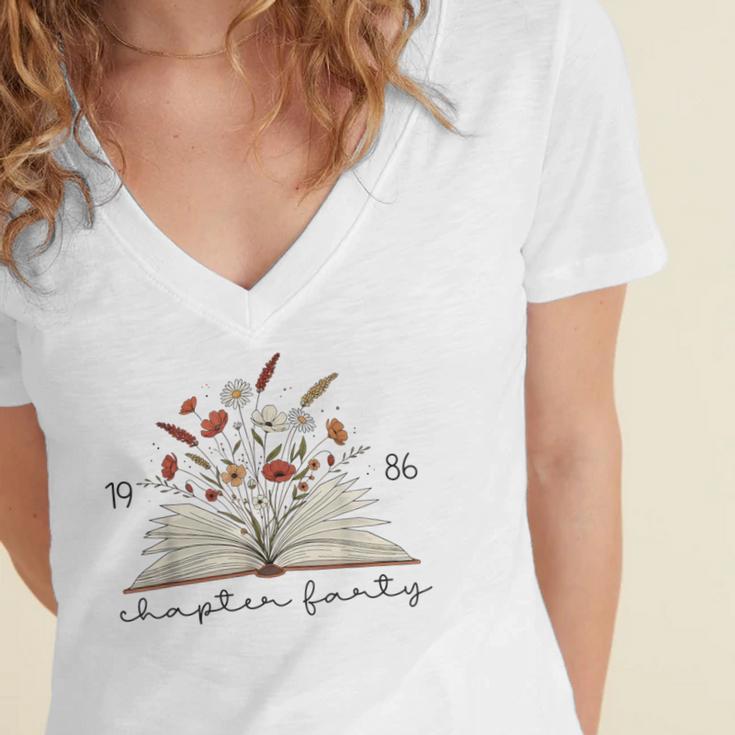 Life Chapter Forty 1986 Floral Book 40th Birthday Women's Jersey Short Sleeve Deep V-Neck Tshirt