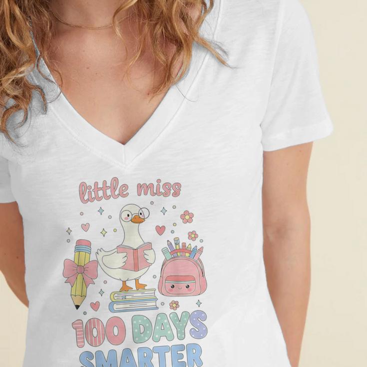 Little Miss 100 Days Smarter Cute Goose Reading Books Girls Women's Jersey Short Sleeve Deep V-Neck Tshirt