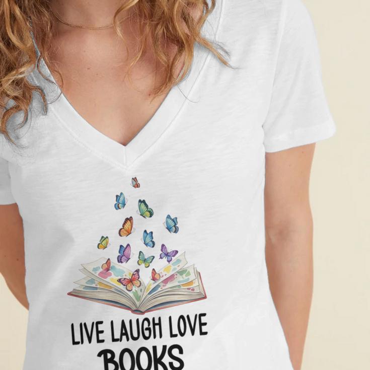 Live Laugh & Love Books Reading Butterfly Book Lover Bookish Premium Women's Jersey Short Sleeve Deep V-Neck Tshirt Live Laugh & Love Books Reading Butterfly Book Lover Bookish Premium Women's Jersey Short Sleeve Deep V-Neck Tshirt