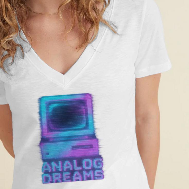 Lofi Reverie Analog Dreams Pixel 90s Desktop VHS Nostalgia Women's Jersey Short Sleeve Deep V-Neck Tshirt
