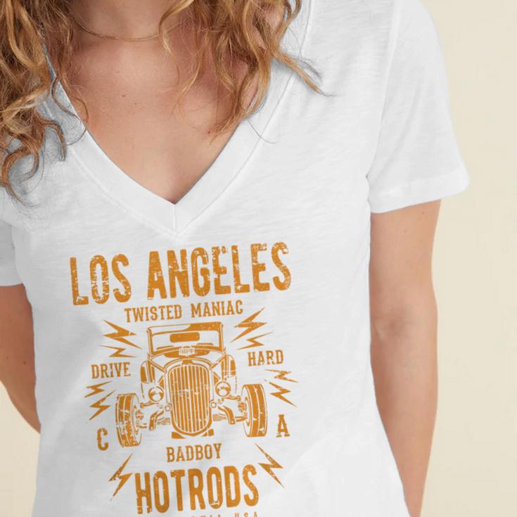 Los Angeles Hotrods Automotive Nostalgia Distressed Premium Tri-Blend Women's Jersey Short Sleeve Deep V-Neck Tshirt
