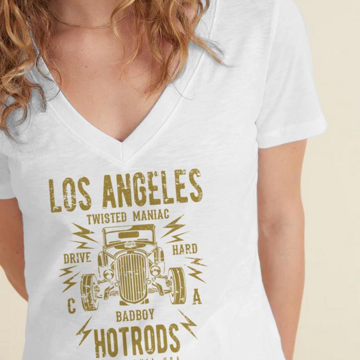 Los Angeles Hotrods Automotive Nostalgia Distressed Women's Jersey Short Sleeve Deep V-Neck Tshirt