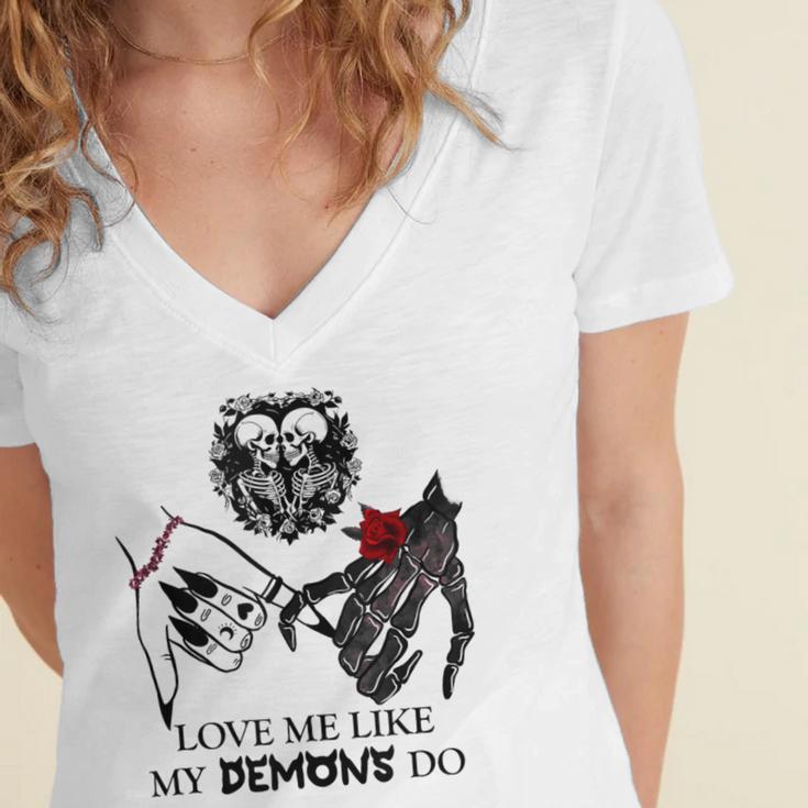 Love Me Like My Demons Do Dark Romance Merch Smutty Book Women's Jersey Short Sleeve Deep V-Neck Tshirt