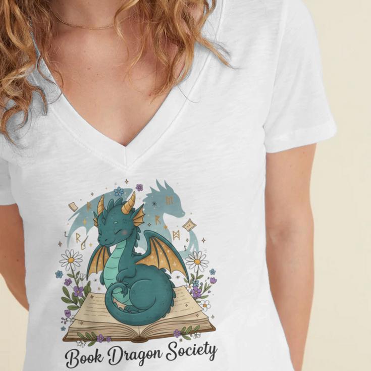 Magical Book Dragon Fantasy Reading Enthusiast Art Women's Jersey Short Sleeve Deep V-Neck Tshirt Magical Book Dragon Fantasy Reading Enthusiast Art Women's Jersey Short Sleeve Deep V-Neck Tshirt