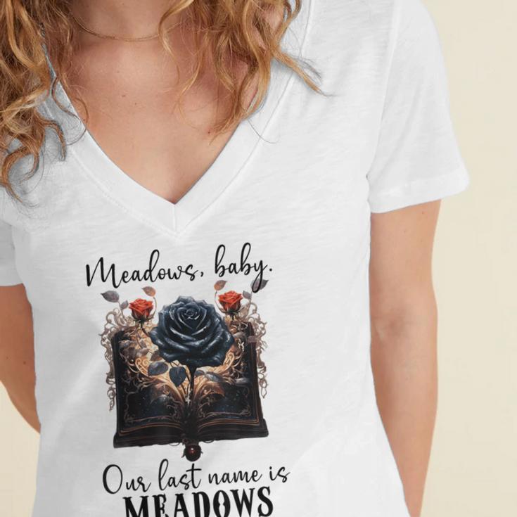 Meadows Baby Our Last Name Is Meadows Dark Romance Smut Book Women's Jersey Short Sleeve Deep V-Neck Tshirt