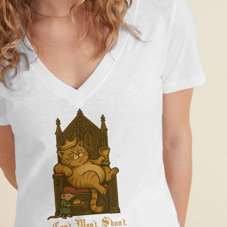 Medieval Cat Sarcastic Queen Lazy King Introvert Kitty Women's Jersey Short Sleeve Deep V-Neck Tshirt Medieval Cat Sarcastic Queen Lazy King Introvert Kitty Women's Jersey Short Sleeve Deep V-Neck Tshirt
