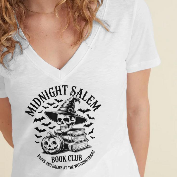 Midnight Salem Book Club Witchy Reads Women's Jersey Short Sleeve Deep V-Neck Tshirt