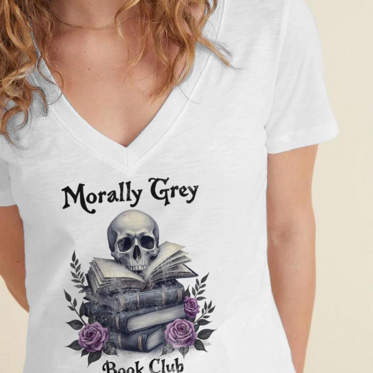 Morally Grey Book Club Gothic Vintage Style Women's Jersey Short Sleeve Deep V-Neck Tshirt Morally Grey Book Club Gothic Vintage Style Women's Jersey Short Sleeve Deep V-Neck Tshirt