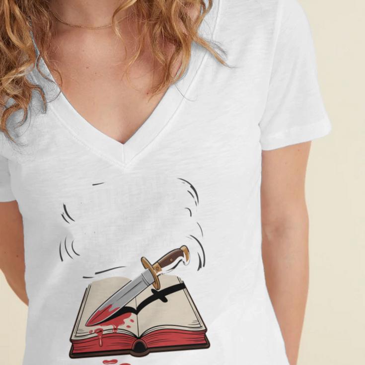 Murder Mystery And a Cup Of Tea Book Humor Women's Jersey Short Sleeve Deep V-Neck Tshirt