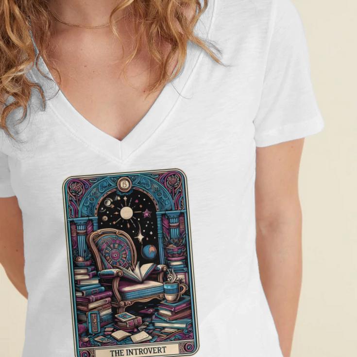 Mystical Library Book Reader The Introvert Tarot Card Women's Jersey Short Sleeve Deep V-Neck Tshirt Mystical Library Book Reader The Introvert Tarot Card Women's Jersey Short Sleeve Deep V-Neck Tshirt