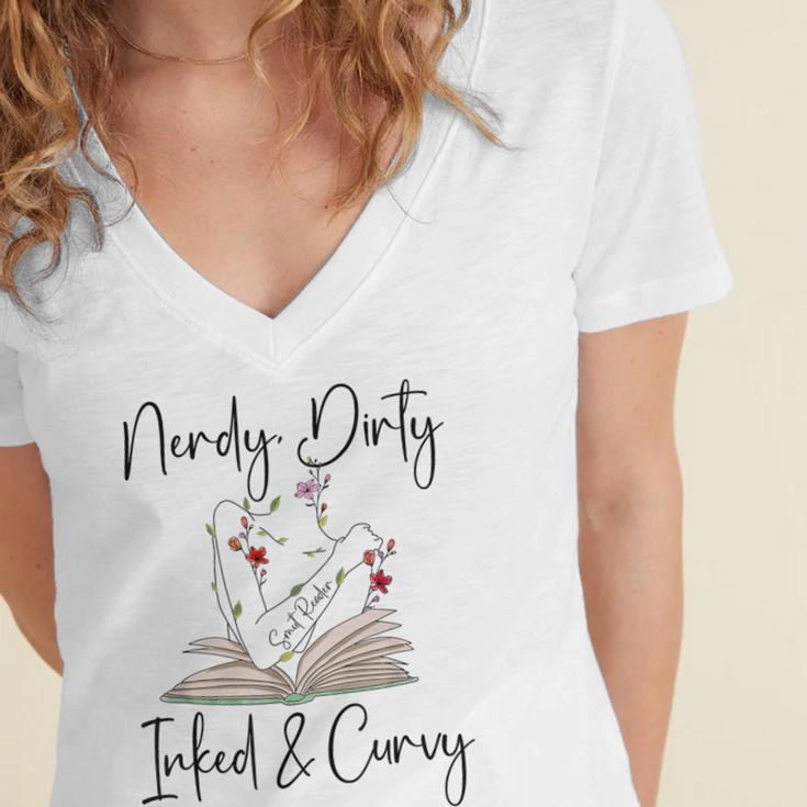 Nerdy Dirty Inked & Curvy ShirtSmutty Book TeesSmut Reader Women's Jersey Short Sleeve Deep V-Neck Tshirt