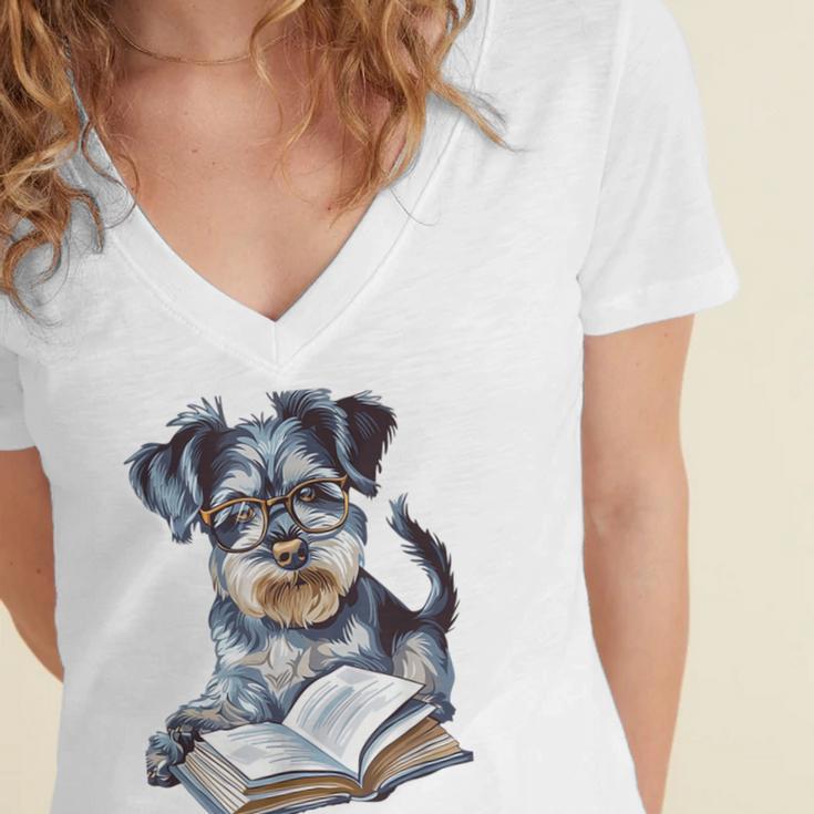 Nerdy Schnauzer Dog Book Lover Glasses Cute Pet For Men Women Kids Women's Jersey Short Sleeve Deep V-Neck Tshirt