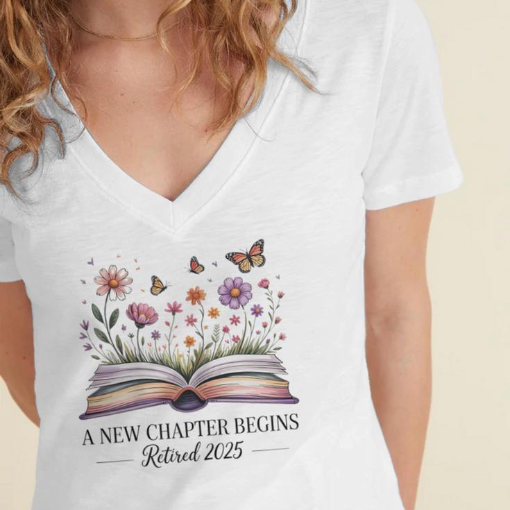 a New Chapter Begins Retired 2025 Floral Book Retirement Women's Jersey Short Sleeve Deep V-Neck Tshirt a New Chapter Begins Retired 2025 Floral Book Retirement Women's Jersey Short Sleeve Deep V-Neck Tshirt