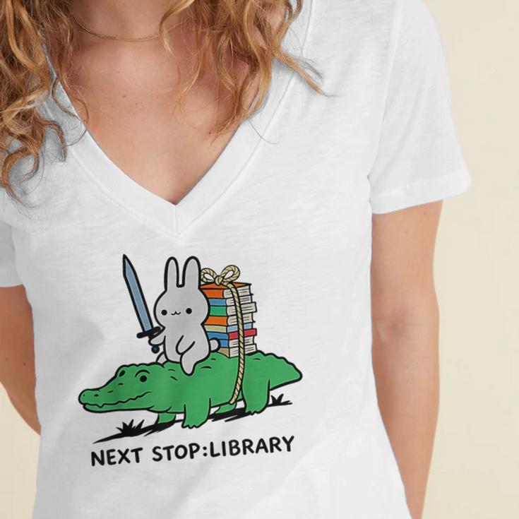 Next Stop Library Reading Book Women's Jersey Short Sleeve Deep V-Neck Tshirt Next Stop Library Reading Book Women's Jersey Short Sleeve Deep V-Neck Tshirt