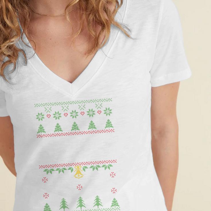 No Hugs Introvert Ugly Christmas Sweater Style Women's Jersey Short Sleeve Deep V-Neck Tshirt No Hugs Introvert Ugly Christmas Sweater Style Women's Jersey Short Sleeve Deep V-Neck Tshirt