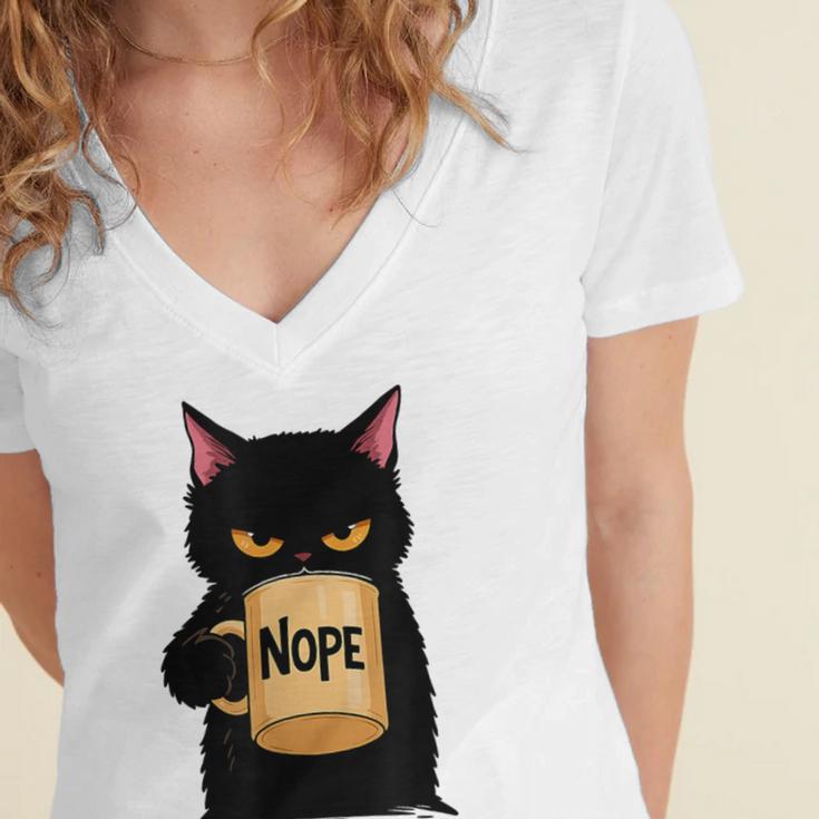 Nope Coffee Cat – Introvert Humor Monday Kitty Women's Jersey Short Sleeve Deep V-Neck Tshirt