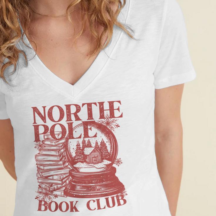 North Pole Book Club Christmas Women's Jersey Short Sleeve Deep V-Neck Tshirt