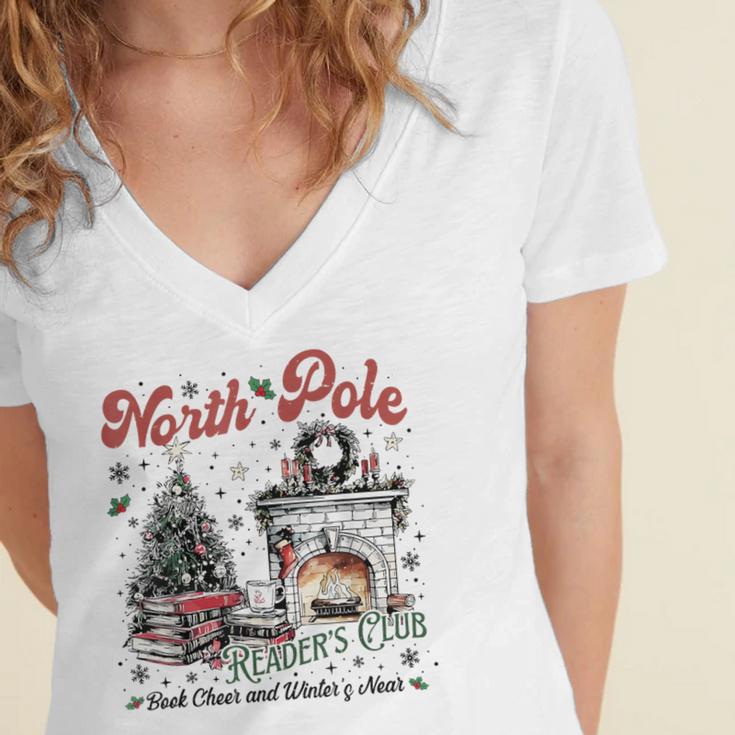 North Pole Book Club Book Lover Bookish Bookworm Christmas Women's Jersey Short Sleeve Deep V-Neck Tshirt