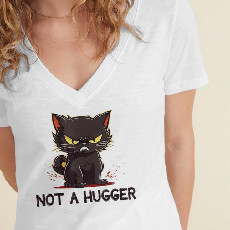 Not A Hugger Tee Angry Cat Sarcastic Cute Introvert Women's Jersey Short Sleeve Deep V-Neck Tshirt