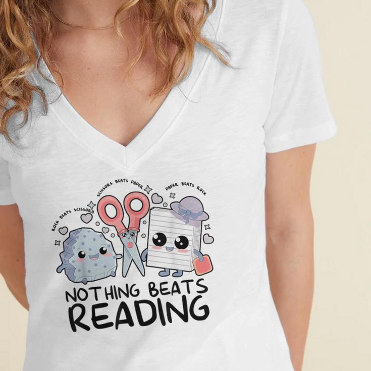 Nothing Beats Reading Rock Paper Scissors Book Lover Teacher Women's Jersey Short Sleeve Deep V-Neck Tshirt