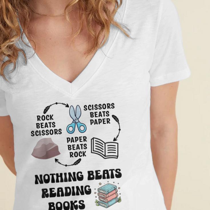 Nothing Beats Reading Rock Paper Scissors Reader Book Lover Women's Jersey Short Sleeve Deep V-Neck Tshirt