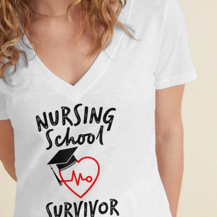Nursing School Survivor Women Graduation RN Gift Shirt Women's Jersey Short Sleeve Deep V-Neck Tshirt