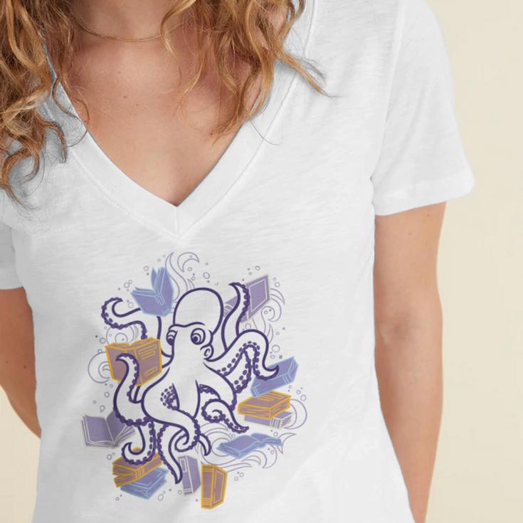 Octopus Book Reader Women's Jersey Short Sleeve Deep V-Neck Tshirt