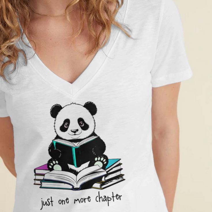 Panda Reading Chapter Books Women's Jersey Short Sleeve Deep V-Neck Tshirt