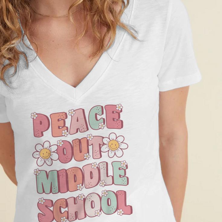 Peace Out Middle School Graduation Groovy Last Day Of School Women's Jersey Short Sleeve Deep V-Neck Tshirt