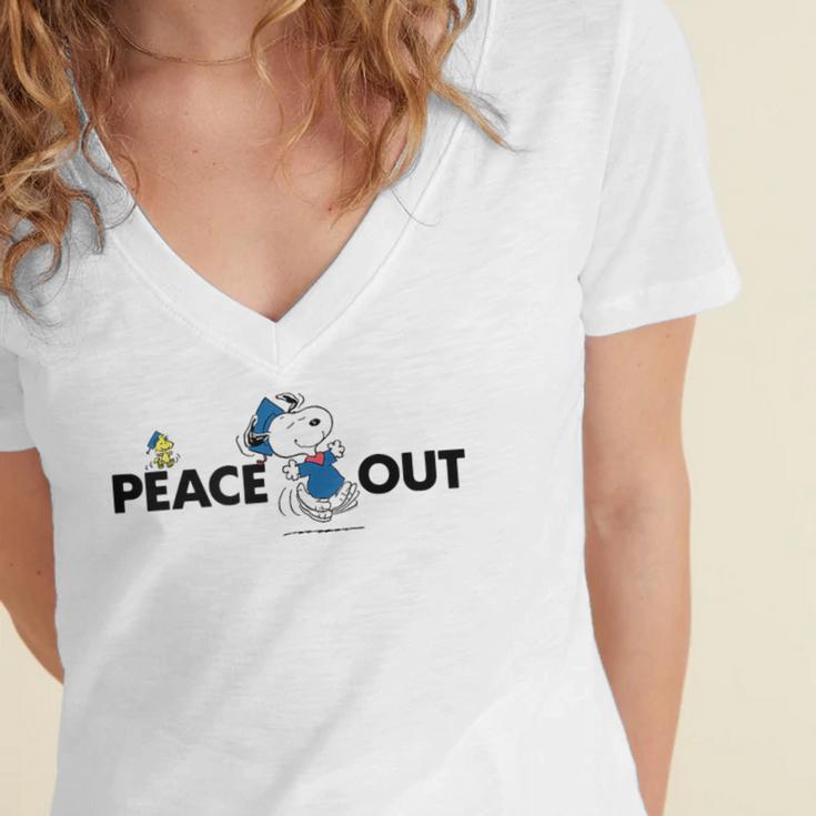 Peanuts Graduation Peace Out Snoopy Woodstock Women's Jersey Short Sleeve Deep V-Neck Tshirt
