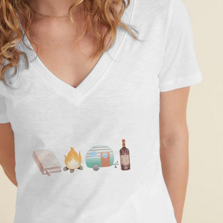 The Perfect Weekend Camping Essentials Wine Books Campfire Women's Jersey Short Sleeve Deep V-Neck Tshirt