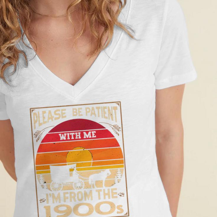 Please Be Patient I'm From The 1900s Sunset Vintage Wagon Premium Women's Jersey Short Sleeve Deep V-Neck Tshirt