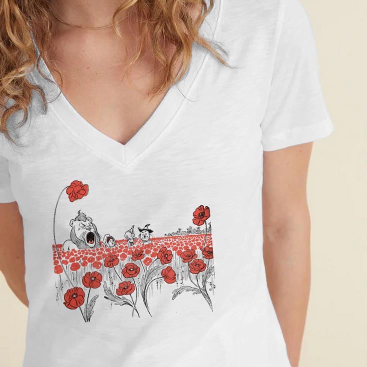 Poppy Field Wizard Of Oz Cowardly Brave Lion Book Women's Jersey Short Sleeve Deep V-Neck Tshirt