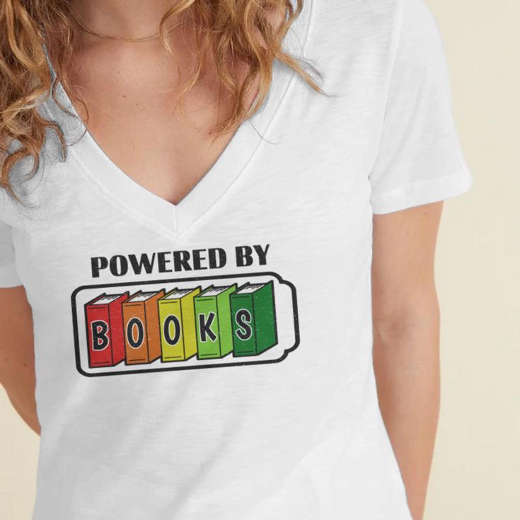 Powered By Books Bookworm Librarian Reading Women's Jersey Short Sleeve Deep V-Neck Tshirt