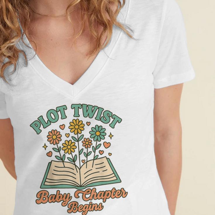 Pregnancy Announcement Book Lover Reveal Pregnant Women's Jersey Short Sleeve Deep V-Neck Tshirt