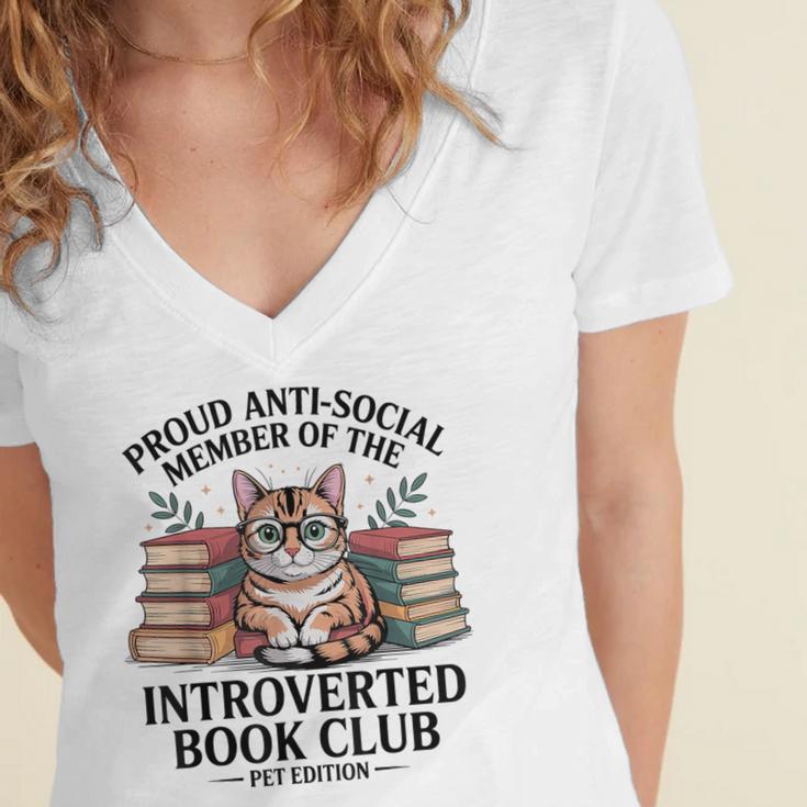 Proud Introverted Book Club Anti Social Reader Pet Cat Women's Jersey Short Sleeve Deep V-Neck Tshirt